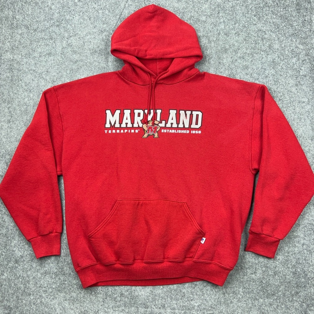 VTG Maryland Terrapins Hoodie Mens‎ XL Red Russell Athletic Hooded Sweatshirt - Picture 2 of 10